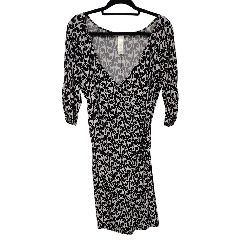 Laundry by Design Dress Women's Medium Black White Print V Neck 3/4 Sleeve